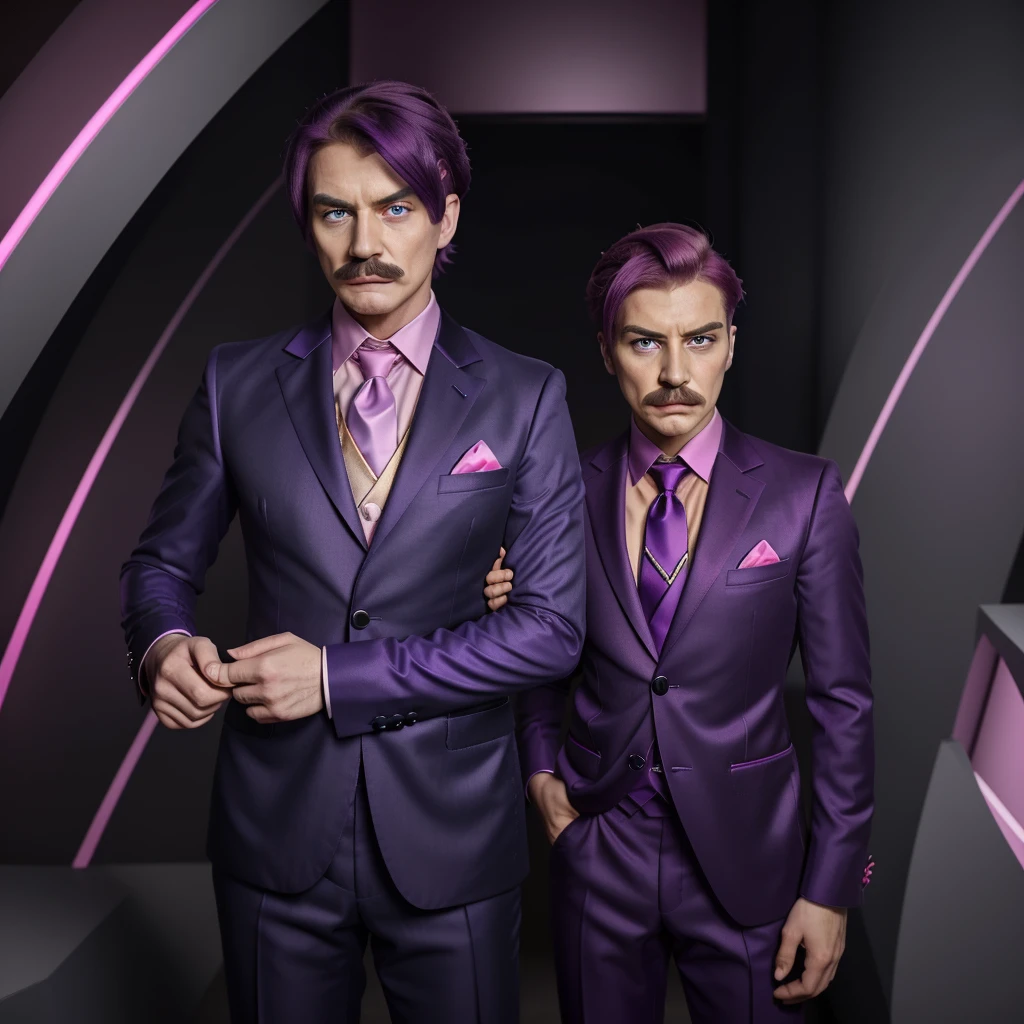 Haltmann, A cartoon character, angry look, purple hair, purple mustache, dressed in a dark blue suit with vertical pink lining, pink shirt, red tie, black shoes, cufflink and gold suit with a diamond red, pale purple skin, blue eyes, gold earpiece with antenna