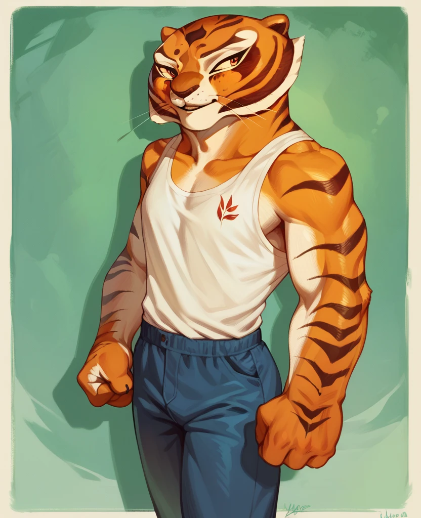 Medium muscular, black tiger, shirtless, in black shorts, Amber eyes, bluish-green hair, bluish-black fur, cream-white fur, By mystikfox61