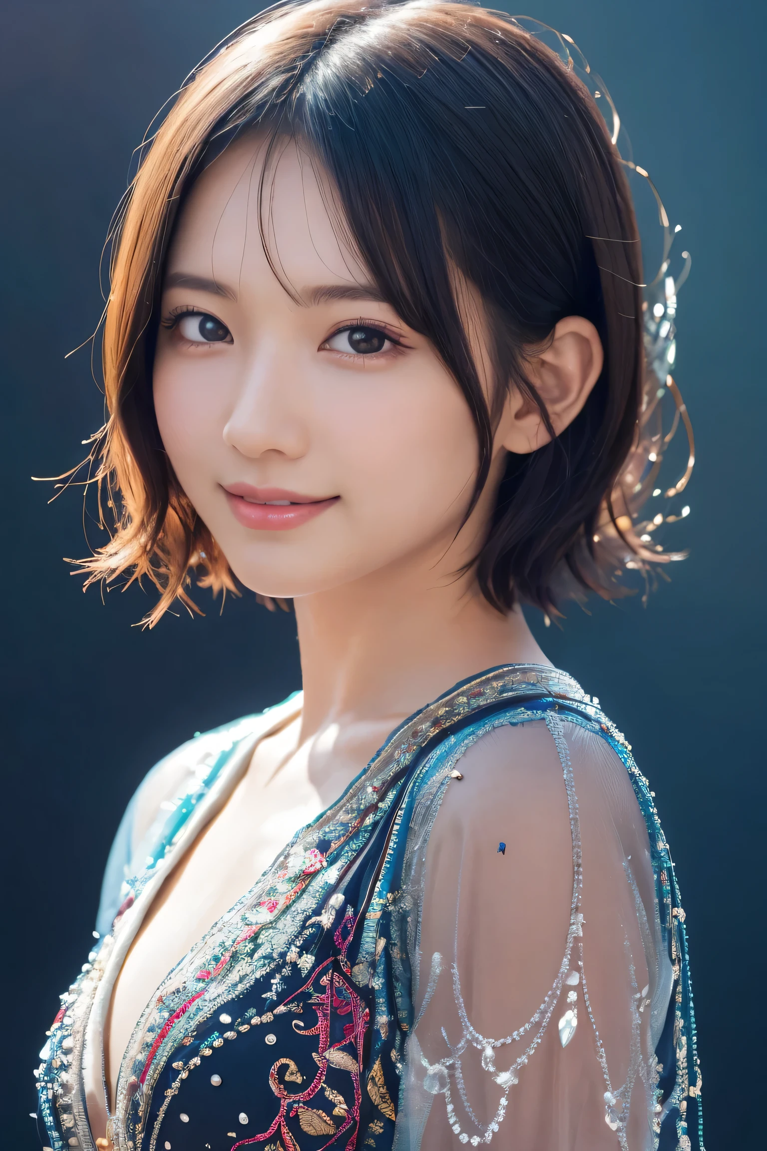 1 Girl, (Wearing colorful stage costumes:1.2), Very beautiful Japanese idol portraits, Face close-up, (RAW Photos, Highest quality), (Realistic, Realistic:1.4), (masterpiece), Very delicate and beautiful, Very detailed, 2k wallpaper, wonderful, finely, Very detailed CG Unity 8K wallpaper, Very detailed, High resolution, Soft Light, Beautiful detailed girl, Very detailed目と顔, Beautiful and sophisticated nose, Beautiful and beautiful eyes, Cinema Lighting, (Simple light color background:1.3), (short hair), (Bob), Complete Anatomy, Slender body, Small breasts, smile、In town