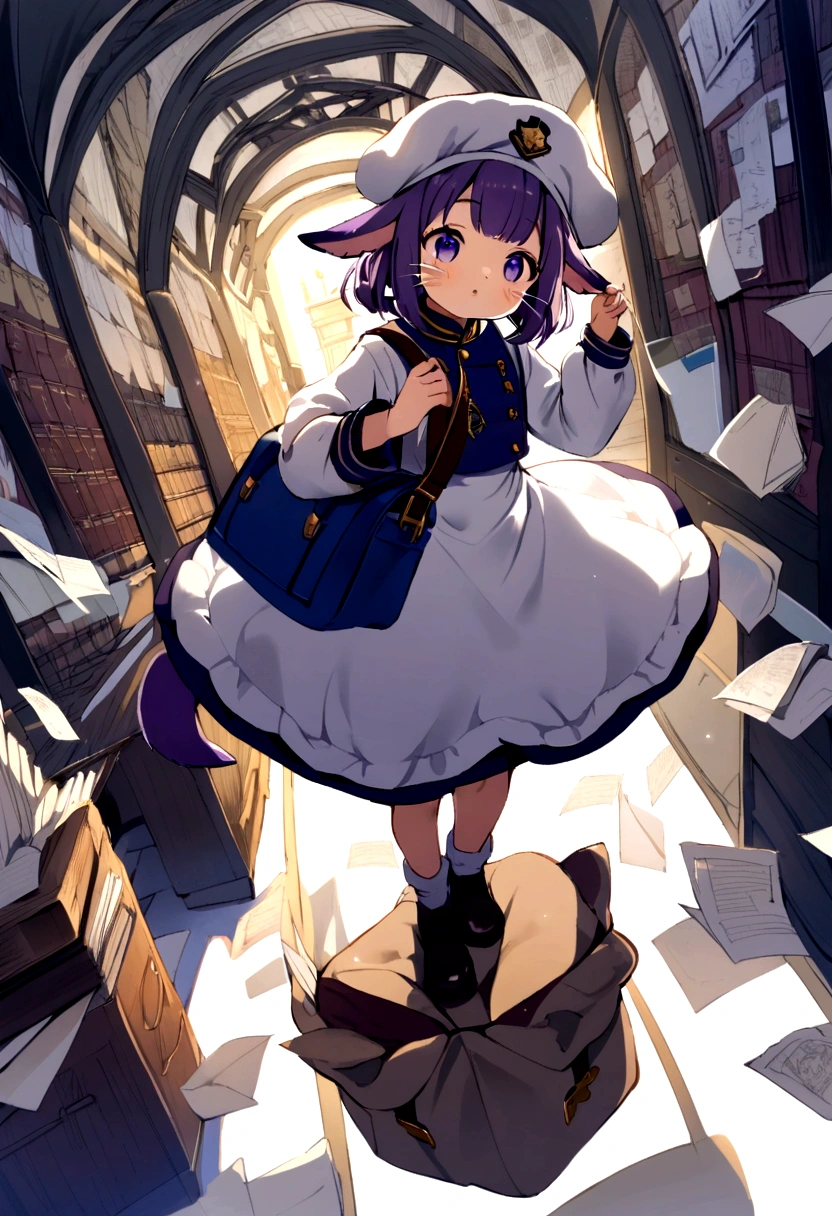 kemoshota, dark purple cat boy, whiskers, mailboy, post officer, baggy cap, baggy coat, shoulder bag which is full of letters and mails, dynamic angle, tail, animal ears