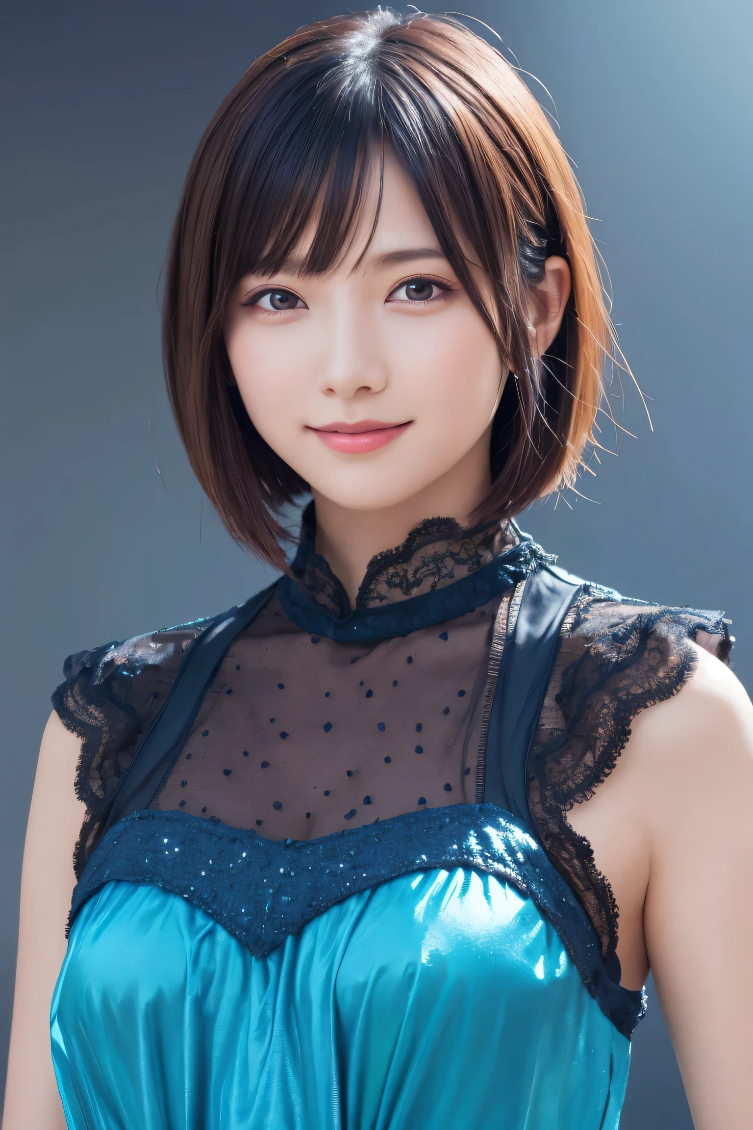 1 Girl, (Wearing colorful stage costumes:1.2), Very beautiful Japanese idol portraits, Face close-up, (RAW Photos, Highest quality), (Realistic, Realistic:1.4), (masterpiece), Very delicate and beautiful, Very detailed, 2k wallpaper, wonderful, finely, Very detailed CG Unity 8K wallpaper, Very detailed, High resolution, Soft Light, Beautiful detailed girl, Very detailed目と顔, Beautiful and sophisticated nose, Beautiful and beautiful eyes, Cinema Lighting, (Simple light color background:1.3), (short hair), (Bob), Complete Anatomy, Slender body, Small breasts, smile、In town