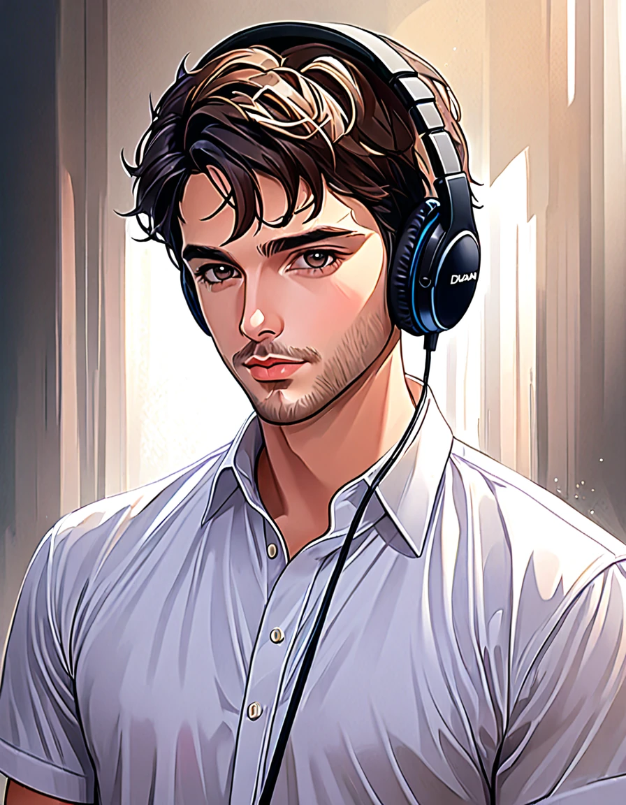 a close-up of a man with headphones and a white shirt, a digital painting inspired by Adam Dario Keel, trend on DeviantArt, digital art, high quality portrait, Digital Cartoon Painting Art, cartoon digital painting, digital art picture, realistic art style, handsome stunning realistic, realism artistic style, cartoon digital art, digital art high quality, cartoon art style, animated handsome man
