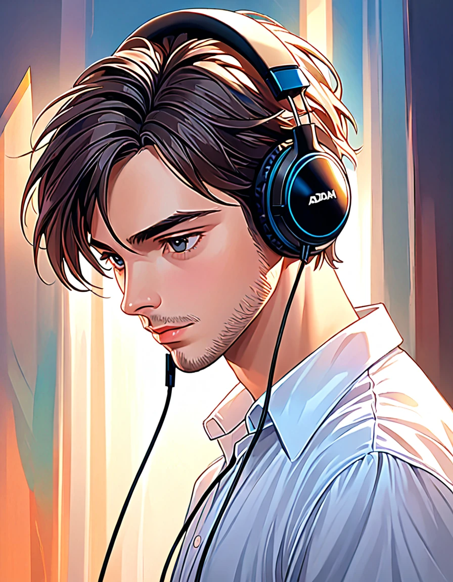 a close-up of a man with headphones and a white shirt, a digital painting inspired by Adam Dario Keel, trend on DeviantArt, digital art, high quality portrait, Digital Cartoon Painting Art, cartoon digital painting, digital art picture, realistic art style, handsome stunning realistic, realism artistic style, cartoon digital art, digital art high quality, cartoon art style, animated handsome man