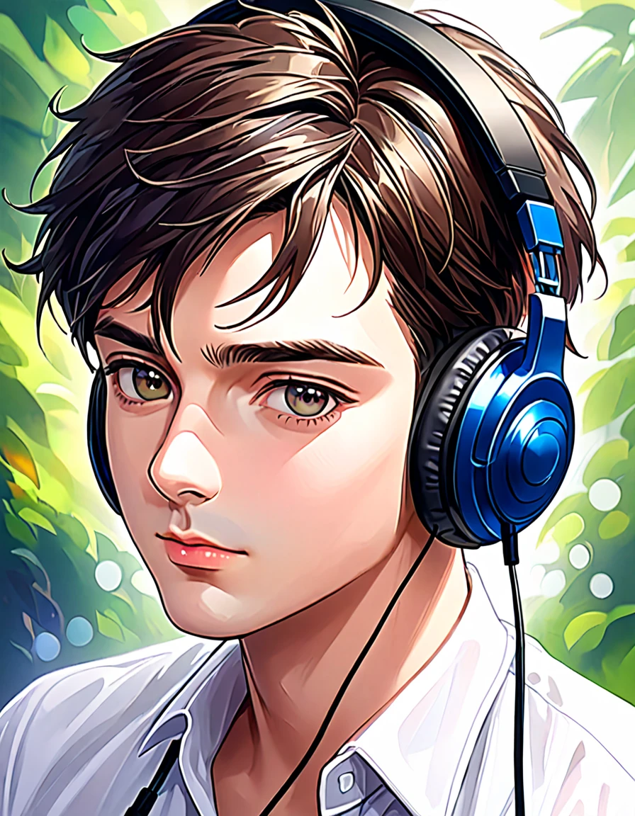 a close-up of a man with headphones and a white shirt, a digital painting inspired by Adam Dario Keel, trend on DeviantArt, digital art, high quality portrait, Digital Cartoon Painting Art, cartoon digital painting, digital art picture, realistic art style, handsome stunning realistic, realism artistic style, cartoon digital art, digital art high quality, cartoon art style, animated handsome man