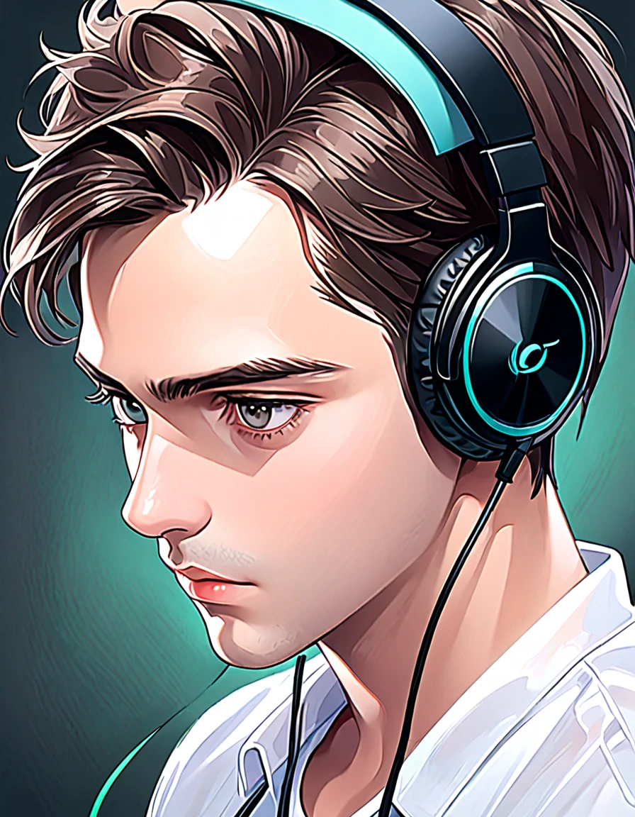 a close-up of a man with headphones and a white shirt, a digital painting inspired by Adam Dario Keel, trend on DeviantArt, digital art, high quality portrait, Digital Cartoon Painting Art, cartoon digital painting, digital art picture, realistic art style, handsome stunning realistic, realism artistic style, cartoon digital art, digital art high quality, cartoon art style, animated handsome man