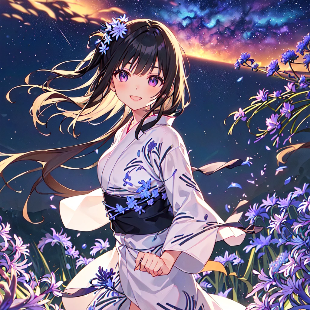 masterpiece, best quality, high quality, extremely detailed, very delicate and beautiful, (1 female 18 years old solo:1.5), (long black hair up to waist with two side up:1.5), bangs to eyebrows, eyes Eyes: 1.5), (long black hair up to waist with two side up), (bangs to eyebrows), (eyes: 1.3), (eye color magenta: 1.3), 6.5 head height, (yukata with agapanthus flower print: 1.3), knee socks, lace, frills, (smile), (running: 1.3), (smile), (dynamic pose), (agapanthus flower field in background: 1.3), ( Milky Way Night Sky: 1.3), (upper body:1.3)