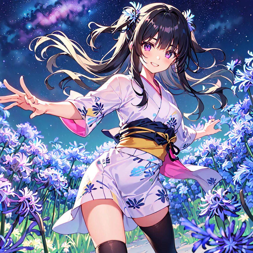masterpiece, best quality, high quality, extremely detailed, very delicate and beautiful, (1 female 18 years old solo:1.5), (long black hair up to waist with two side up:1.5), bangs to eyebrows, eyes Eyes: 1.5), (long black hair up to waist with two side up), (bangs to eyebrows), (eyes: 1.3), (eye color magenta: 1.3), 6.5 head height, (yukata with agapanthus flower print: 1.3), knee socks, lace, frills, (smile), (running: 1.3), (smile), (dynamic pose), (agapanthus flower field in background: 1.3), ( Milky Way Night Sky: 1.3), (upper body:1.3)