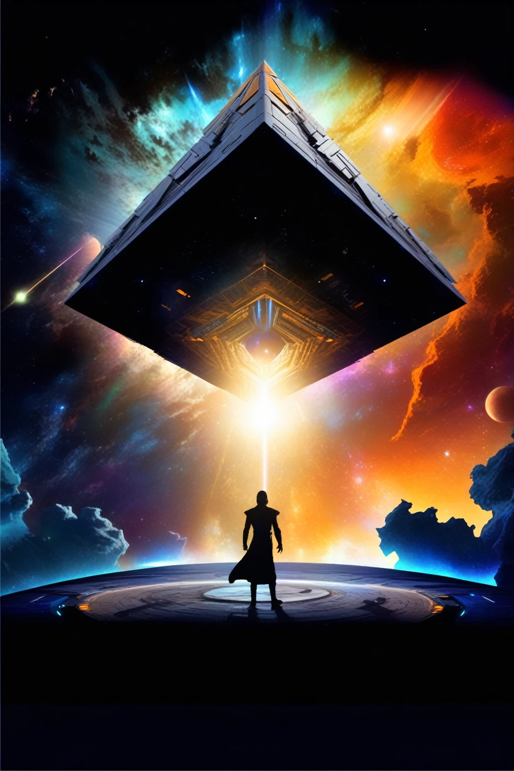arafed image of a man standing in front of a space station, star - gate of futurisma, dimensional portal, science fiction digital art, sci fi epic digital art, pyramid portal, epic fantasy sci fi illustration, sci-fi digital art, eight-dimensional, scifi art, an interdimensional being, epic scifi fantasy art, science fiction art, sci fi artwork