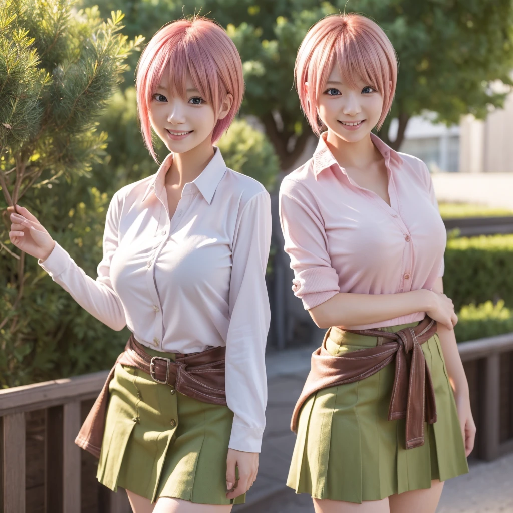 masterpiece, best quality, anime, highly detailed, 1girl, solo, cowboy shot, nakano ichika, pink hair, short hair, cardigan around waist, collared shirt, green skirt, miniskirt, medium breasts, standing, school, outdoors, smile