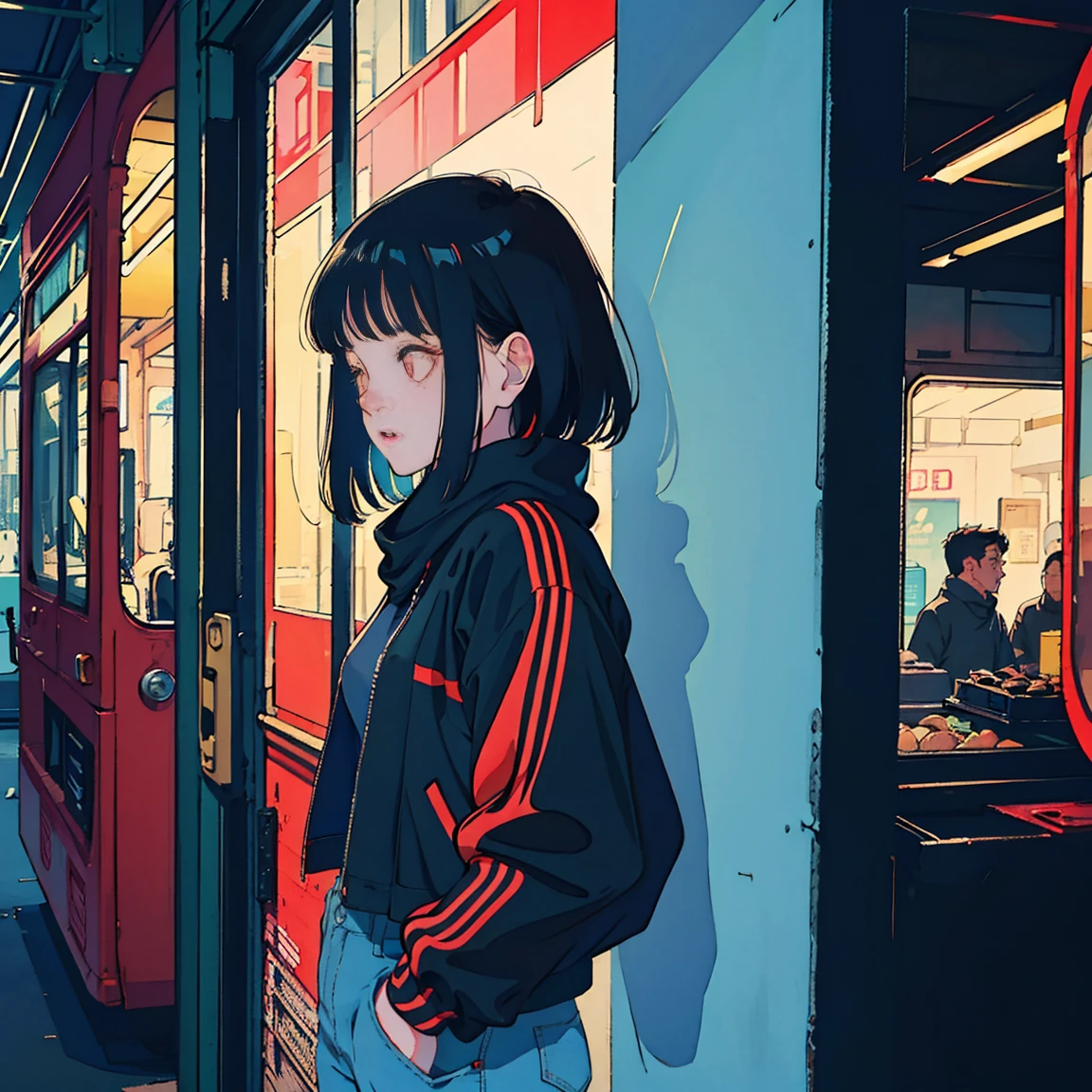 scooter, Stunning and beautiful black haired Asian girl, Denim pants、black jacket、scarf、red bus passing nearby, perfect face, black jacket, neon black, (Backlight included: 1.1), solid shadow, masterpiece, best quality, complicated, model shooting style, vintage, film grain, Incomplete details、natural body、profile、photo taken from afar