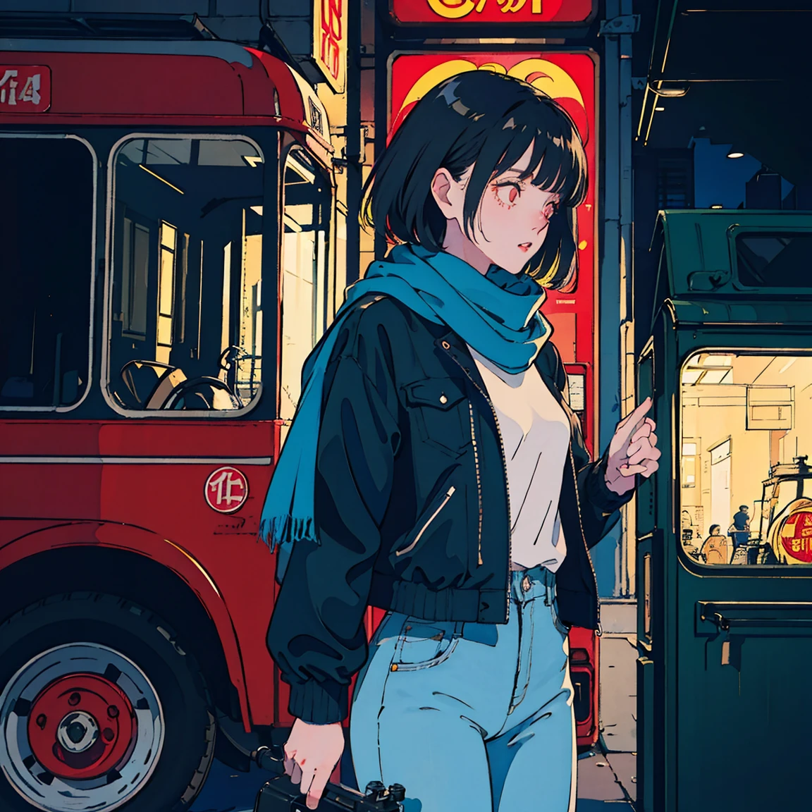 scooter, Stunning and beautiful black haired Asian girl, Denim pants、black jacket、scarf、red bus passing nearby, perfect face, black jacket, neon black, (Backlight included: 1.1), solid shadow, masterpiece, best quality, complicated, model shooting style, vintage, film grain, Incomplete details、natural body、profile、photo taken from afar