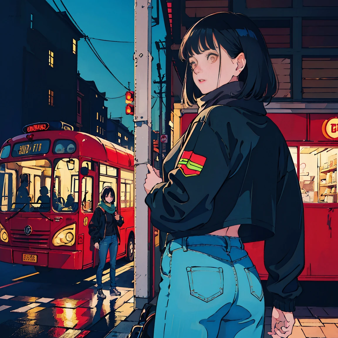 scooter, Stunning and beautiful black haired Asian girl, Denim pants、black jacket、scarf、red bus passing nearby, perfect face, black jacket, neon black, (Backlight included: 1.1), solid shadow, masterpiece, best quality, complicated, model shooting style, vintage, film grain, Incomplete details、natural body、profile、photo taken from afar