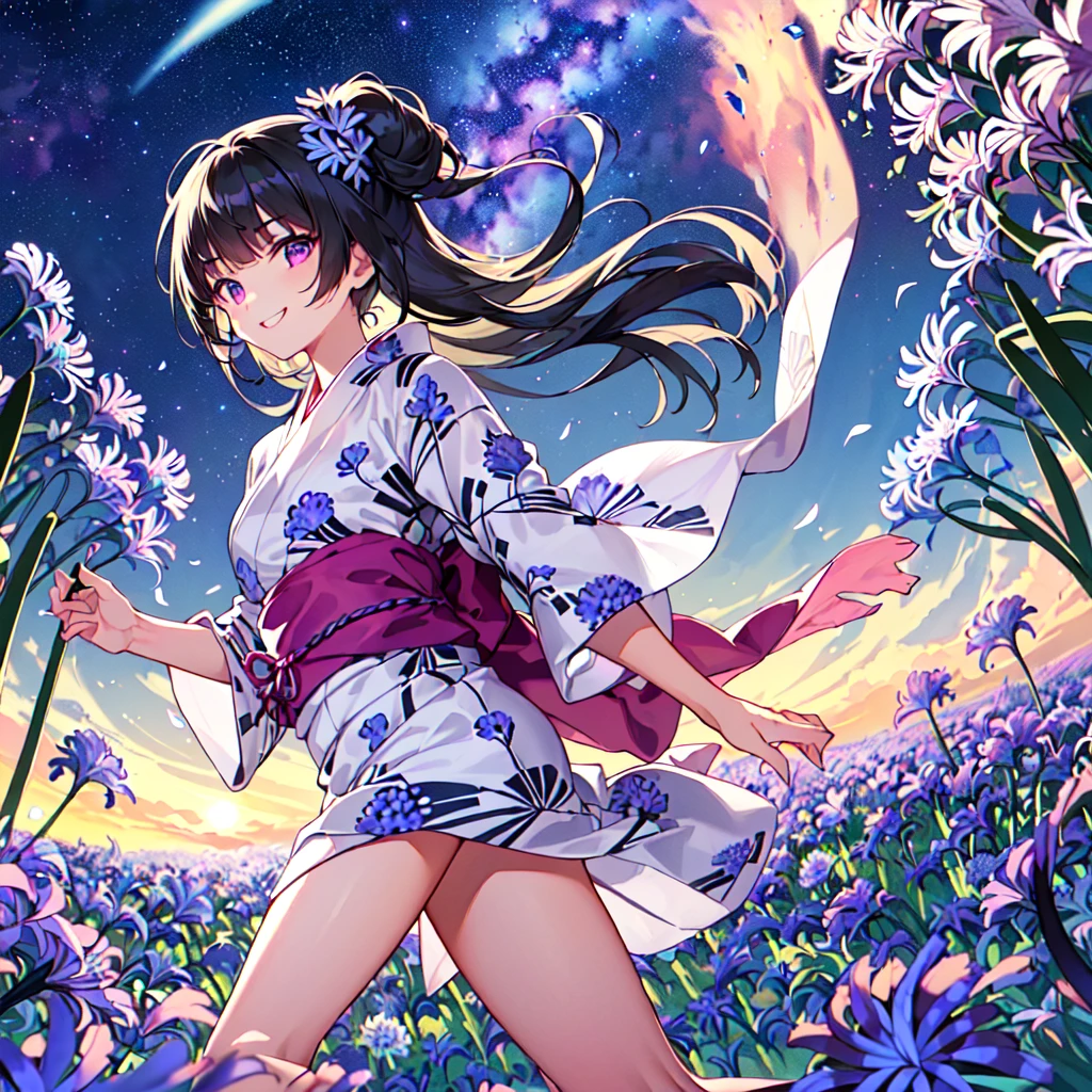 masterpiece, best quality, high quality, extremely detailed, very delicate and beautiful, (1 female 18 years old solo:1.5), (long black hair up to waist with two side up:1.5), bangs to eyebrows, eyes Eyes: 1.5), (long black hair up to waist with two side up), (bangs to eyebrows), (eyes: 1.3), (eye color magenta: 1.3), 6.5 head height, (yukata with agapanthus flower print: 1.3), knee socks, lace, frills, (smile), (running: 1.3), (smile), (dynamic pose), (agapanthus flower field in background: 1.3), ( Milky Way Night Sky: 1.3), (upper body:1.3)