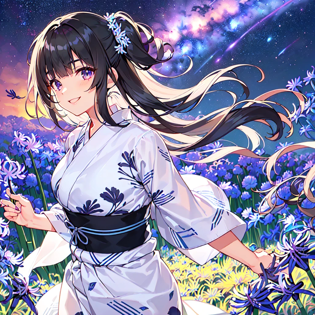 masterpiece, best quality, high quality, extremely detailed, very delicate and beautiful, (1 female 18 years old solo:1.5), (long black hair up to waist with two side up:1.5), bangs to eyebrows, eyes Eyes: 1.5), (long black hair up to waist with two side up), (bangs to eyebrows), (eyes: 1.3), (eye color magenta: 1.3), 6.5 head height, (yukata with agapanthus flower print: 1.3), knee socks, lace, frills, (smile), (running: 1.3), (smile), (dynamic pose), (agapanthus flower field in background: 1.3), ( Milky Way Night Sky: 1.3), (upper body:1.3)