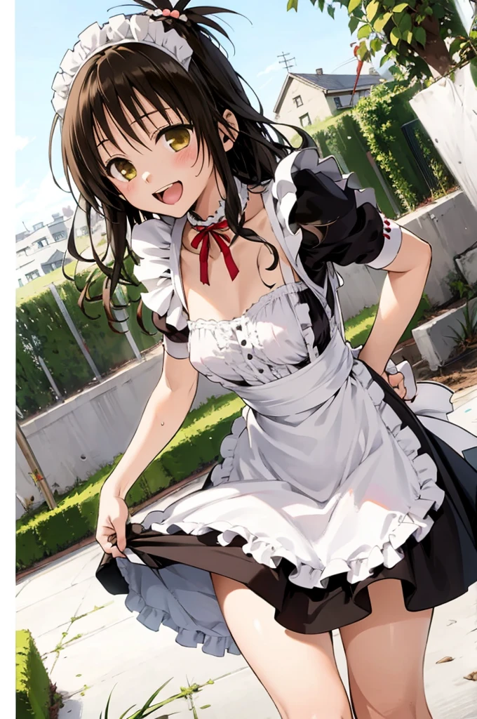 1girl,solo,yuuki mikan,, smile,brown hair,, ,1girl,garden,(((maid costume))),small breasts breasts,miniskirt,blush,open mouth