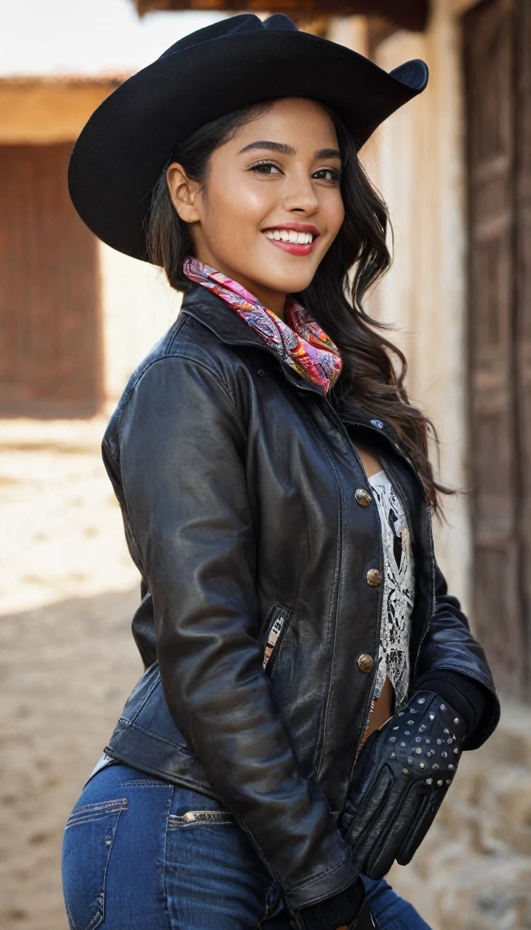 (masterpiece, best quality:1.2), Cowboy-shot, alone, 1 latina girl, Comoros met, smile, Viewers look at, black headwear, jacket, long sleeve, gloves