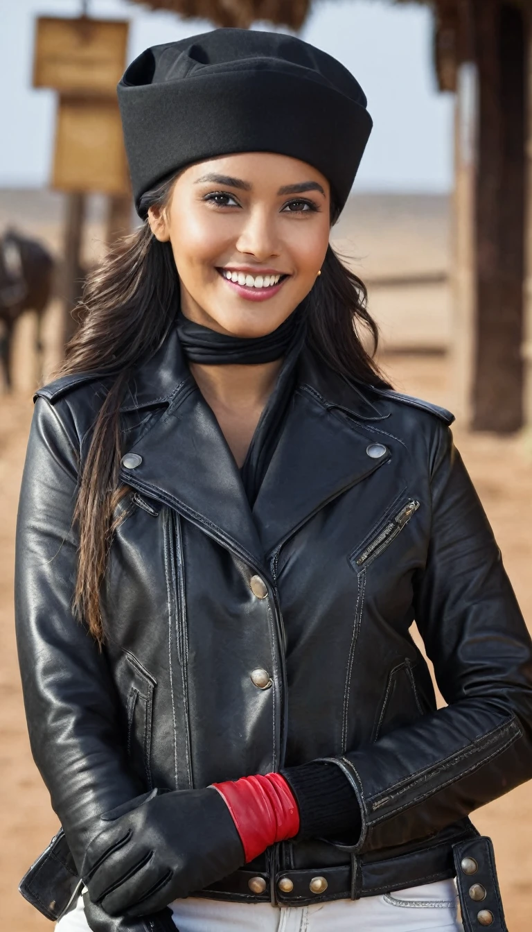 (masterpiece, best quality:1.2), Cowboy-shot, alone, 1 latina girl, Comoros met, smile, Viewers look at, black headwear, jacket, long sleeve, gloves
