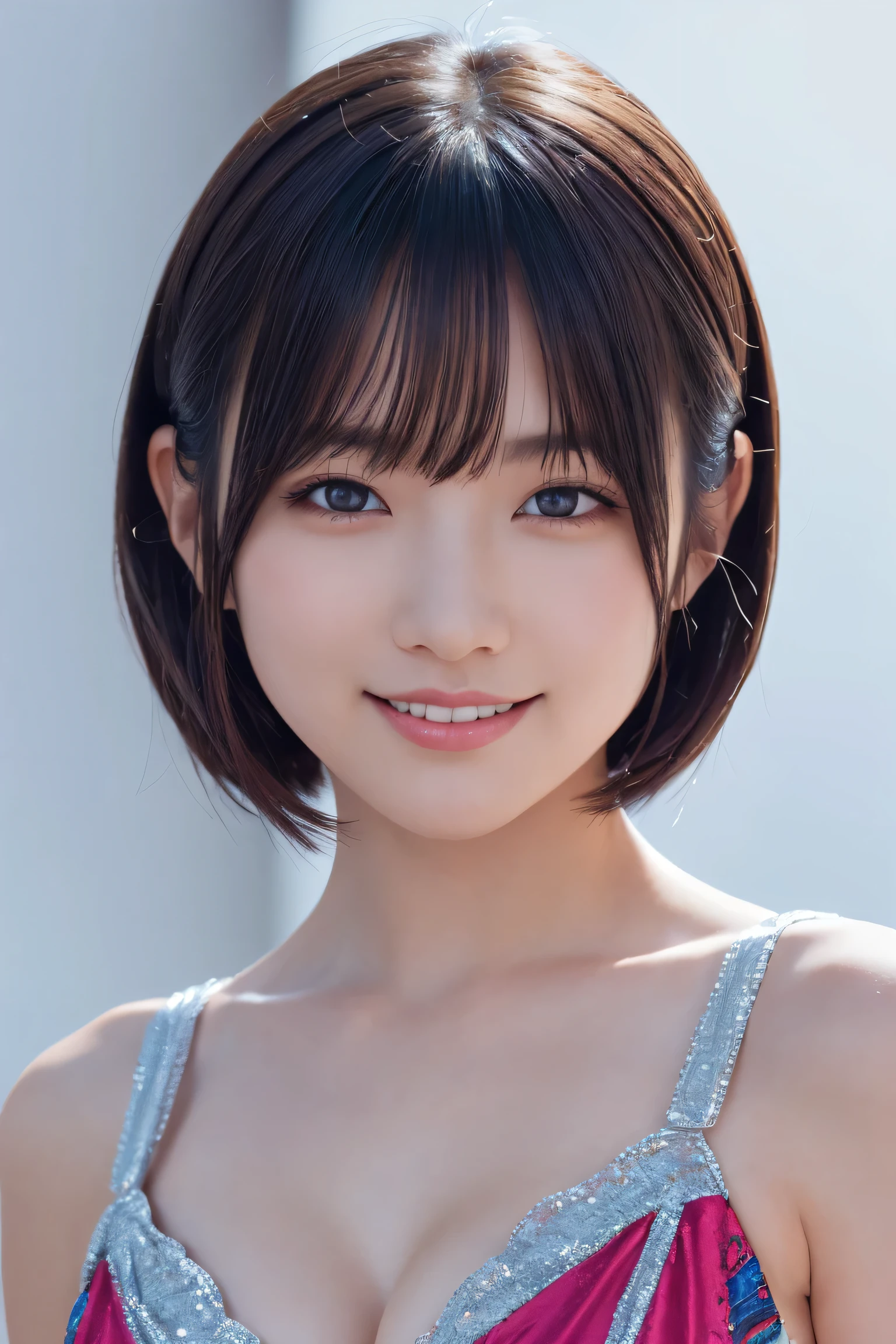 1 Girl, (Wearing colorful stage costumes:1.2), Very beautiful Japanese idol portraits, Face close-up, (RAW Photos, Highest quality), (Realistic, Realistic:1.4), (masterpiece), Very delicate and beautiful, Very detailed, 2k wallpaper, wonderful, finely, Very detailed CG Unity 8K wallpaper, Very detailed, High resolution, Soft Light, Beautiful detailed girl, Very detailed目と顔, Beautiful and sophisticated nose, Beautiful and beautiful eyes, Cinema Lighting, (Simple light color background:1.3), (short hair), (Bob), Complete Anatomy, Slender body, Small breasts, smile、In town