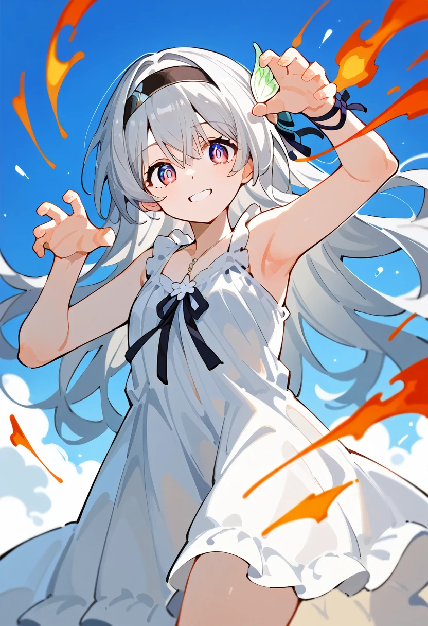 score_9, score_8_superior, score_7_superior,
break
source_anime,
break
(One girl, alone, alone focus),
fire Fly, Sundress , head band, hair ornaments, Silver Hair,
Dynamic pose ,
smile,
From below