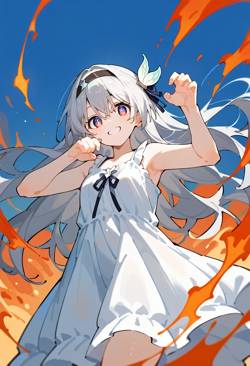 score_9, score_8_superior, score_7_superior,
break
source_anime,
break
(One girl, alone, alone focus),
fire Fly, Sundress , head band, hair ornaments, Silver Hair,
Dynamic pose ,
smile,
From below