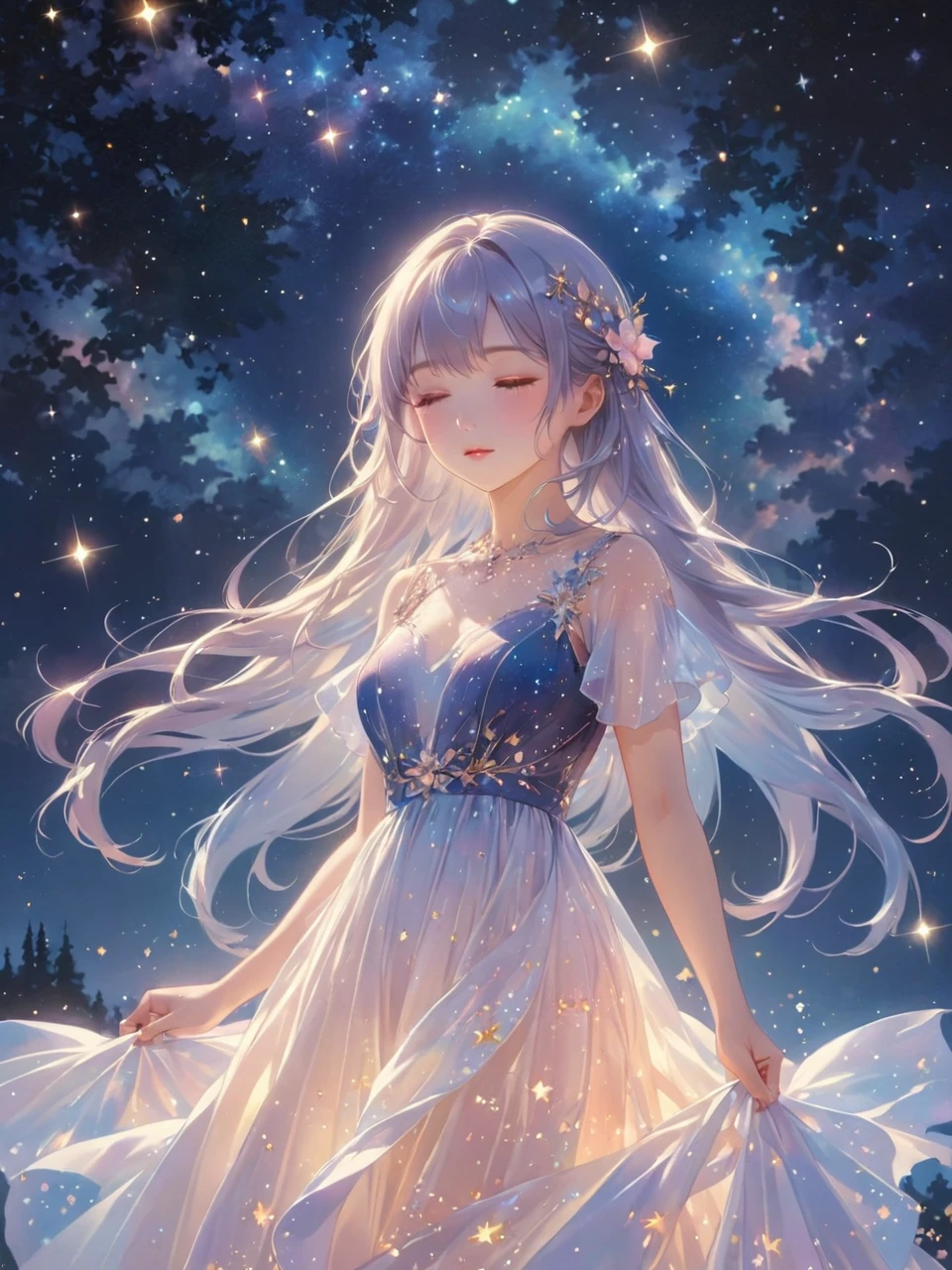 (best quality,4k,8k,highres,masterpiece:1.2),A girl standing alone under the starry night sky, with her silhouette illuminated by the soft moonlight and twinkling stars. Her face is beautifully detailed, with closed eyes, long and fluttering eyelashes, and exquisitely defined lips. She is dressed in an elegant gown, flowing and ethereal, embracing her figure gracefully as it glimmers with a subtle celestial glow. The intricate details of her dress catch the faint starlight, creating a mesmerizing sparkle. The surrounding landscape showcases a serene garden, lush with vibrant foliage and colorful flowers. The air is filled with a gentle breeze, causing the leaves to rustle and the flowers to sway delicately. The garden is bathed in a warm, dreamy color palette, with hues of deep blues, purples, and hints of silver. The atmosphere is calm and tranquil, evoking a sense of peace and serenity. The artwork is of the highest quality, meticulously created with ultra-detailed brushstrokes and precise attention to every element. The texture and depth of the painting are breathtaking, with a sense of realism and photorealism that captures the awe-inspiring beauty of the night sky. The lighting is soft and diffused, casting a gentle glow over the entire scene, enhancing the magical ambiance. The girl's presence radiates a sense of mystery and wonder, as if she holds a secret connected to the celestial beings above. The overall composition evokes a feeling of timelessness and captures the essence of a StarSign, an artwork that embodies the celestial beauty and inner strength of a girl in harmony with the stars. (ai-generated:.25),(dsmile:.25)