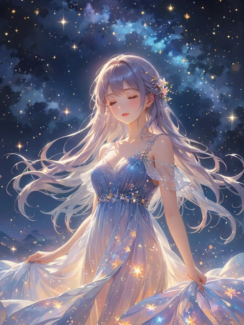 (best quality,4k,8k,highres,masterpiece:1.2),A girl standing alone under the starry night sky, with her silhouette illuminated by the soft moonlight and twinkling stars. Her face is beautifully detailed, with closed eyes, long and fluttering eyelashes, and exquisitely defined lips. She is dressed in an elegant gown, flowing and ethereal, embracing her figure gracefully as it glimmers with a subtle celestial glow. The intricate details of her dress catch the faint starlight, creating a mesmerizing sparkle. The surrounding landscape showcases a serene garden, lush with vibrant foliage and colorful flowers. The air is filled with a gentle breeze, causing the leaves to rustle and the flowers to sway delicately. The garden is bathed in a warm, dreamy color palette, with hues of deep blues, purples, and hints of silver. The atmosphere is calm and tranquil, evoking a sense of peace and serenity. The artwork is of the highest quality, meticulously created with ultra-detailed brushstrokes and precise attention to every element. The texture and depth of the painting are breathtaking, with a sense of realism and photorealism that captures the awe-inspiring beauty of the night sky. The lighting is soft and diffused, casting a gentle glow over the entire scene, enhancing the magical ambiance. The girl's presence radiates a sense of mystery and wonder, as if she holds a secret connected to the celestial beings above. The overall composition evokes a feeling of timelessness and captures the essence of a StarSign, an artwork that embodies the celestial beauty and inner strength of a girl in harmony with the stars. (ai-generated:.25),(dsmile:.25)