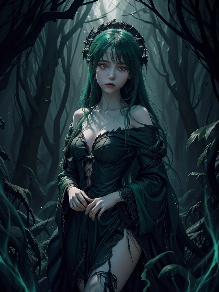 A captivating dark fantasy oil painting showcasing an enigmatic necromancer. Clad in tattered, dark green  adorned with skeletal motifs, the necromancer's emerald green hair flows wildly, intertwined with strands of glowing, ethereal blue magic. Her eyes are hollow and haunting, exuding a sense of dark power. The background is a swirling miasma of green and black, with ghostly figures emerging from the shadows, creating an eerie and chaotic atmosphere. The chaotic environment is further heightened by the blue magic twisting through her hair. The piece, painting, dark fantasy., dark fantasy, painting