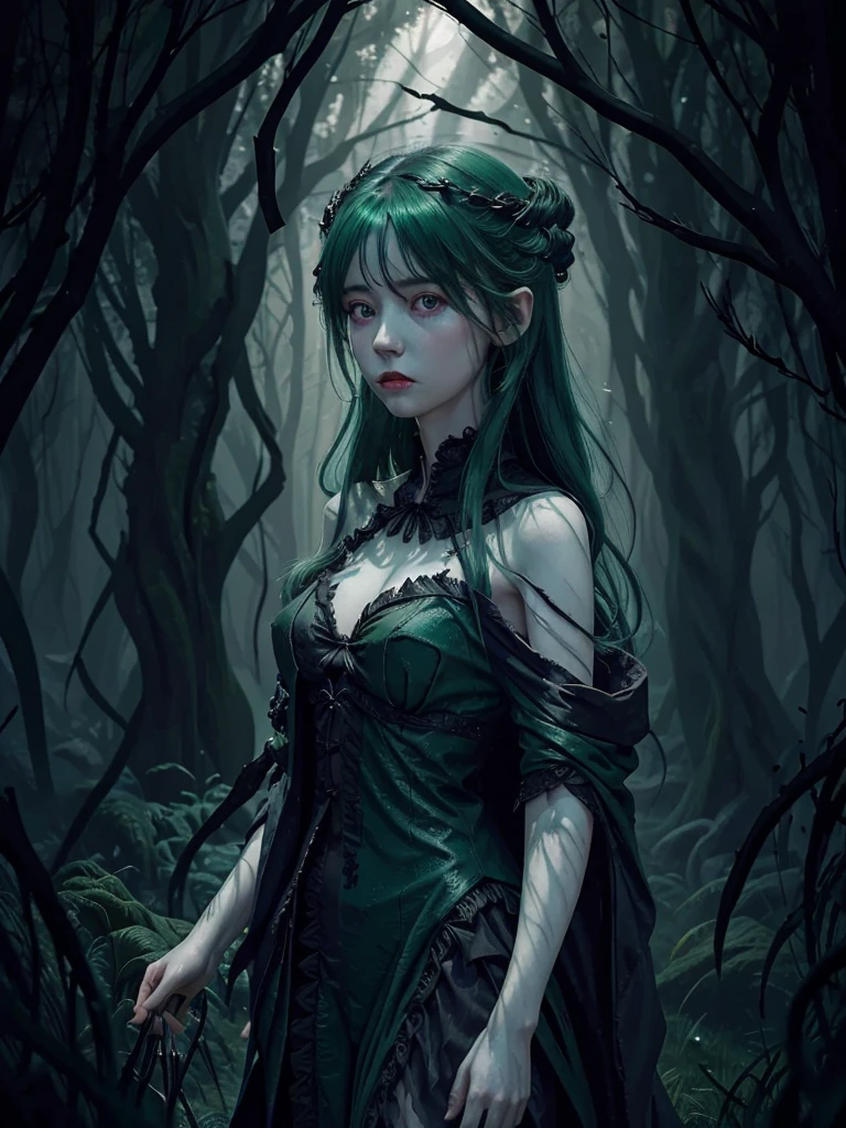 A captivating dark fantasy oil painting showcasing an enigmatic necromancer. Clad in tattered, dark green robes adorned with skeletal motifs, the necromancer's emerald green hair flows wildly, intertwined with strands of glowing, ethereal blue magic. Her eyes are hollow and haunting, exuding a sense of dark power. The background is a swirling miasma of green and black, with ghostly figures emerging from the shadows, creating an eerie and chaotic atmosphere. The chaotic environment is further heightened by the blue magic twisting through her hair. The piece, painting, dark fantasy., dark fantasy, painting