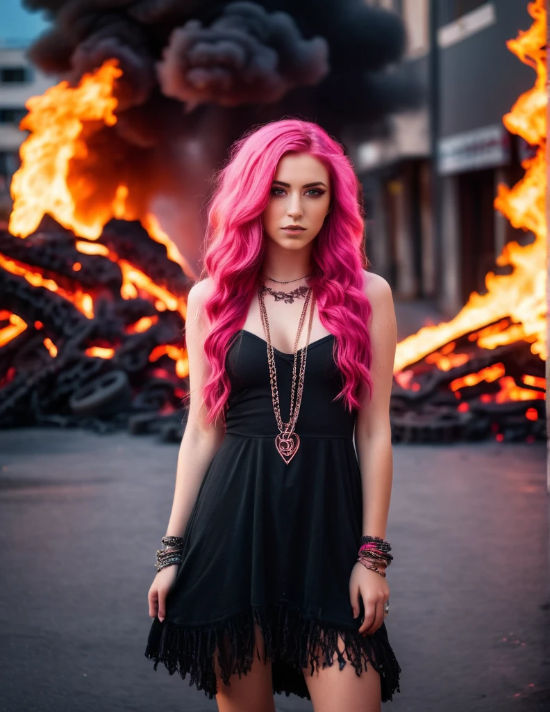 very attractive 25 year old girl with long wavy bright pink hair, RAW photo, portrait 1girl, posing,  short dress made of hellfashion, lava, fire, chains,  beautifull face, (masterpiece:1.3), complex street background
 8k uhd, dslr, soft lighting, high quality, film grain, Fujifilm XT3, (intricate details:0.9), (hdr, hyperdetailed:1.2)