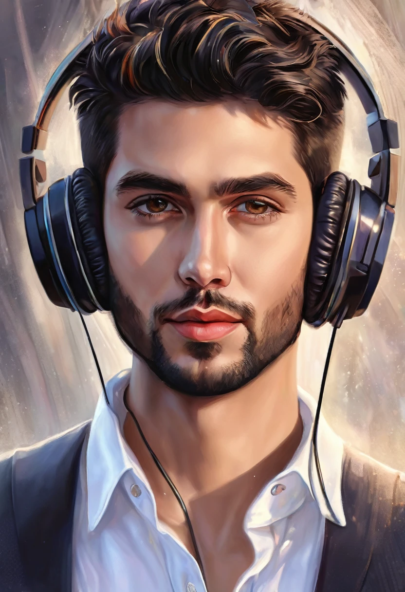 a close-up of a man with headphones and a white shirt, a digital painting inspired by Adam Dario Keel, trend on DeviantArt, digital art, high quality portrait, Digital Cartoon Painting Art, cartoon digital painting, digital art picture, realistic art style, handsome stunning realistic, realism artistic style, cartoon digital art, digital art high quality, cartoon art style, animated handsome man