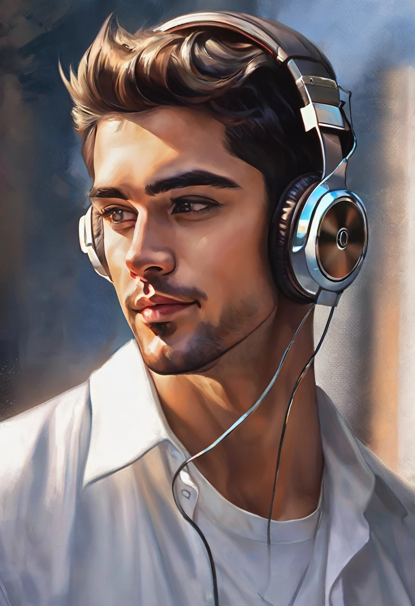 a close-up of a man with headphones and a white shirt, a digital painting inspired by Adam Dario Keel, trend on DeviantArt, digital art, high quality portrait, Digital Cartoon Painting Art, cartoon digital painting, digital art picture, realistic art style, handsome stunning realistic, realism artistic style, cartoon digital art, digital art high quality, cartoon art style, animated handsome man