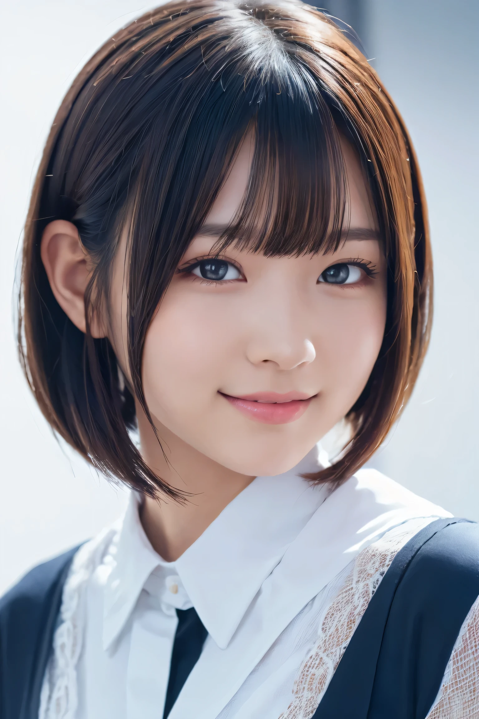 1 Girl, (Wearing colorful stage costumes:1.2), Very beautiful Japanese idol portraits, Face close-up, (RAW Photos, Highest quality), (Realistic, Realistic:1.4), (masterpiece), Very delicate and beautiful, Very detailed, 2k wallpaper, wonderful, finely, Very detailed CG Unity 8K wallpaper, Very detailed, High resolution, Soft Light, Beautiful detailed girl, Very detailed目と顔, Beautiful and sophisticated nose, Beautiful and beautiful eyes, Cinema Lighting, (Simple light color background:1.3), (short hair), (Bob), Complete Anatomy, Slender body, Small breasts, smile、In town