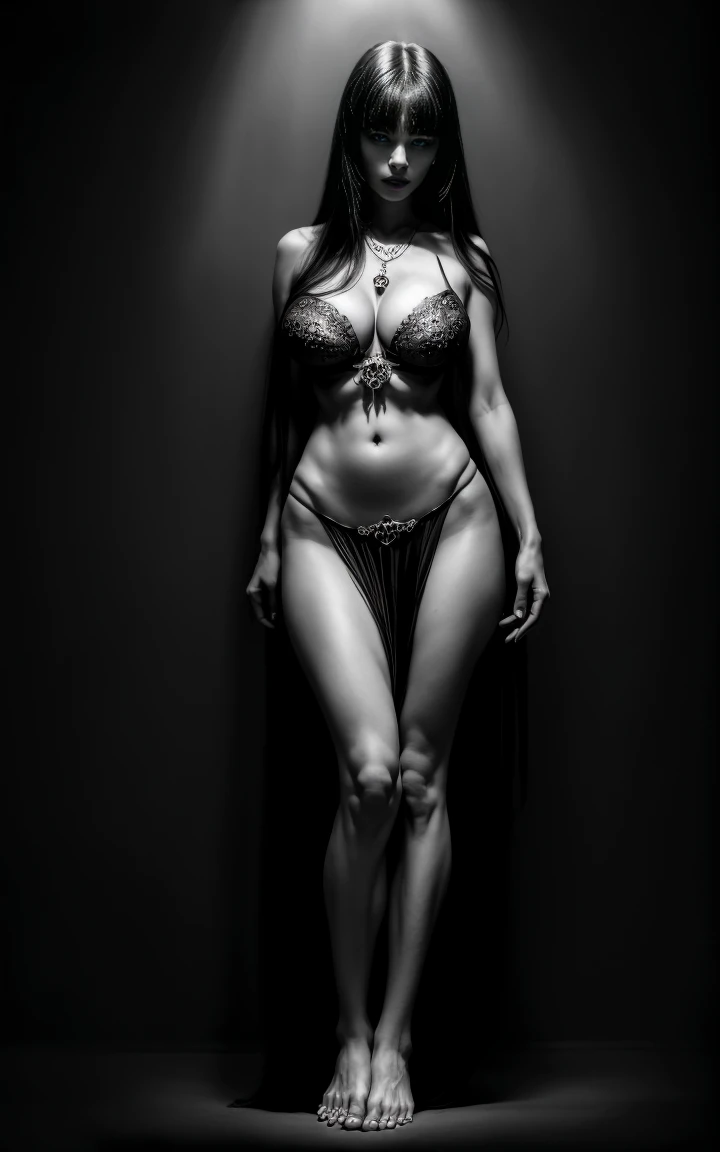 (8K, Masterpiece, RAW photo, Best quality, detail:1.3), (ultra realistic dark chiaroscuro background, scenary:1.5), Depth of field, Cinematic light, (ultra realistic face), (1 picture of 1 solo girl Airim Jones:1.6), 1girl, (Beautiful and elegant Russian girl), (skinny girl ), (European face:1.3), (perfect complete full body:1.6), (full body shot including shoes:1.6), (perfect [frontal view|side profile|back profile]:1.5), (small necklace, collarbone:1.1), ( [bangs|very long black hair] hair:1.5), (ultra detailed skin:1.4), (Chronicles of Riddick Necromonger woman, heavy goth makeup, (perfect feet:1.5), (large cleavage:1.5), bare belly button,portrait of a female Necromonger, gothic maiden shaman, angry gorgeous gothic cyberpunk