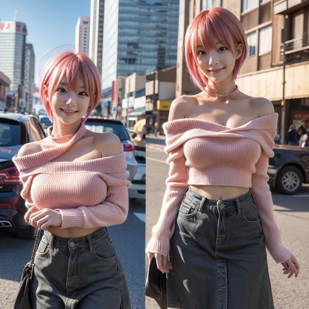masterpiece, best quality, anime, highly detailed, 1girl, solo, cowboy shot, nakano ichika, pink hair, short hair, yellow sweater, off-shoulder sweater, collarbone, long sleeves, (black bra), medium breasts, smile, outdoors, city