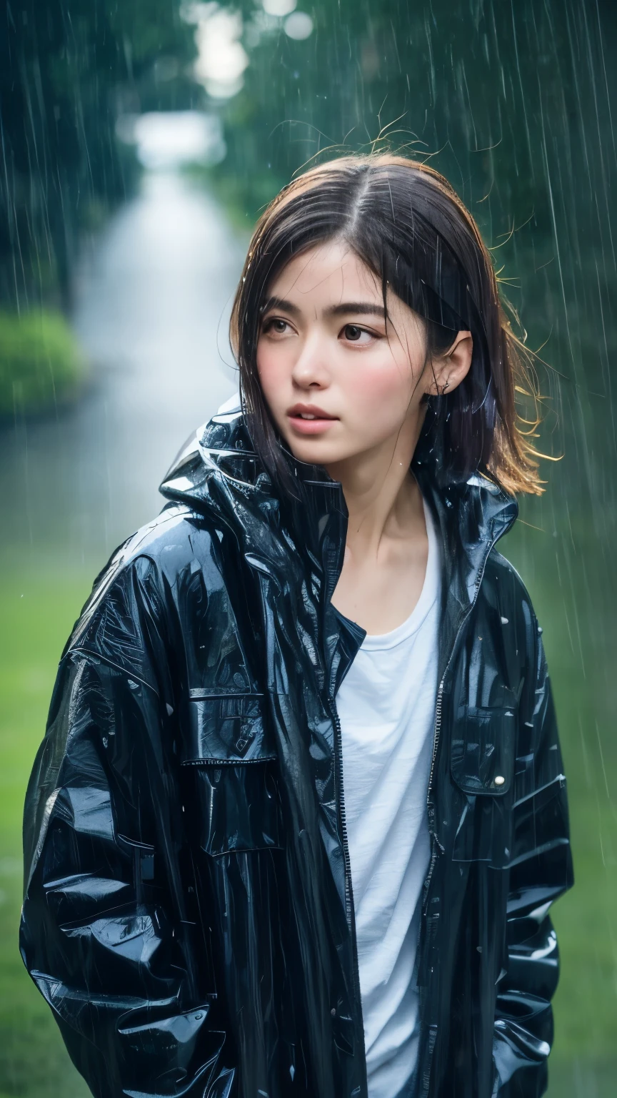 (of the highest quality,Masterpiece:1.3,A high resolution,),(super detailed,Caustics),(Photoreal:1.4,raw shot,)Ultra-realistic capture,Very detailed,8K high resolution suitable for human skin、 The skin texture is natural.、、Skin tone looks even and healthy.、 Use natural light and color.,A very sad Argentine woman, head down,beautiful,by rubio,short hair,(Depth of written limit、chromatic aberration、、Wide illumination range、natural shading、)、、(rain falling:1.3)、(hair blowing in the wind:1.3)、(The rain reflects the light.:1.3) night sky, The outfit is a worn jacket and very tight ripped jeans.