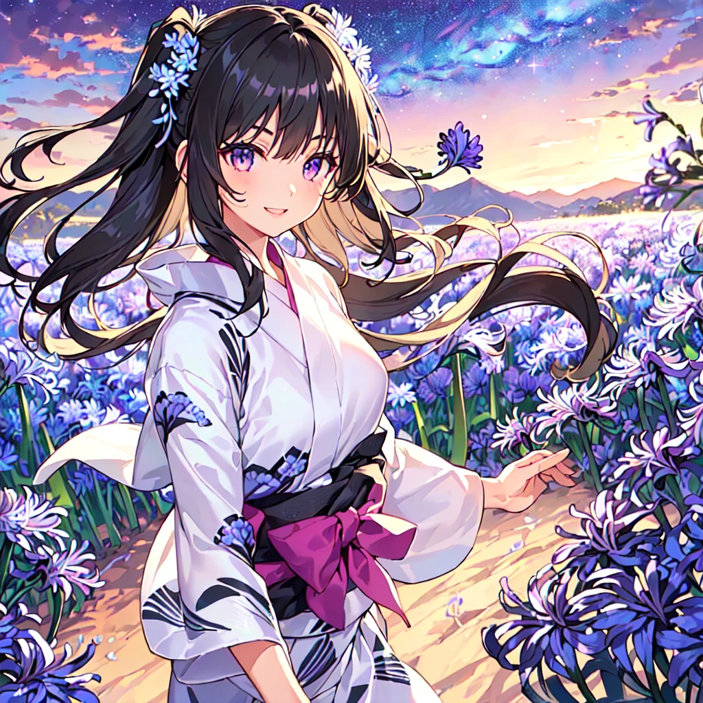 masterpiece, best quality, high quality, extremely detailed, very delicate and beautiful, (1 female 18 years old solo:1.5), (long black hair up to waist with two side up:1.5), bangs to eyebrows, eyes Eyes: 1.5), (long black hair up to waist with two side up), (bangs to eyebrows), (eyes: 1.3), (eye color magenta: 1.3), 6.5 head height, (yukata with agapanthus flower print: 1.3), knee socks, lace, frills, (smile), (running: 1.3), (smile), (dynamic pose), (agapanthus flower field in background: 1.3), ( Milky Way ht Sky: 1.3), (upper body:1.3)