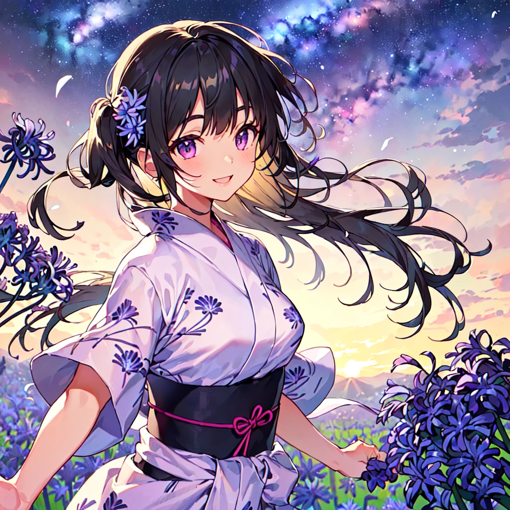 masterpiece, best quality, high quality, extremely detailed, very delicate and beautiful, (1 female 18 years old solo:1.5), (long black hair up to waist with two side up:1.5), bangs to eyebrows, eyes Eyes: 1.5), (long black hair up to waist with two side up), (bangs to eyebrows), (eyes: 1.3), (eye color magenta: 1.3), 6.5 head height, (yukata with agapanthus flower print: 1.3), knee socks, lace, frills, (smile), (running: 1.3), (smile), (dynamic pose), (agapanthus flower field in background: 1.3), ( Milky Way Night Sky: 1.3), (upper body:1.3)