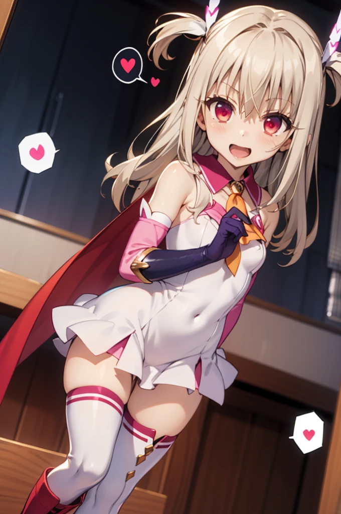 1girl,solo,,my room,,looking viewer,,small breasts
aaillya,long_hair,blonde_hair,red_eyes,hair_between_eyes,bangs,white_hair,illyamagical,feather_hair_ornament,feather,magical_girl,hair_ornament,gloves,two_side_up,white_gloves,elbow_gloves,detached_sleeves,ascot,thigh_boots,thighhighs,pink_footwear,boots,bare_shoulders,cape,smile,(((spoken heart))),,open mouth,tongue