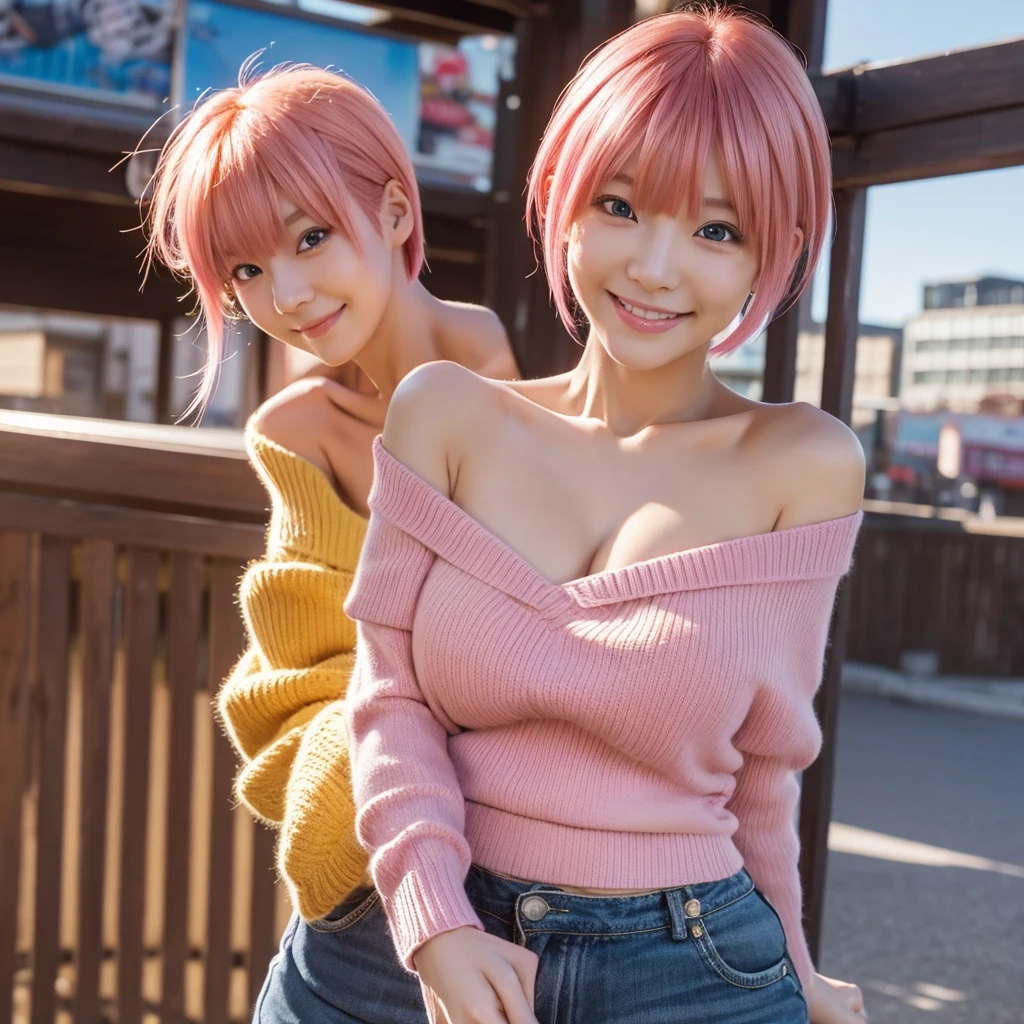 masterpiece, best quality, anime, highly detailed, 1girl, solo, cowboy shot, nakano ichika, pink hair, short hair, yellow sweater, off-shoulder sweater, collarbone, long sleeves, (black bra), medium breasts, smile, outdoors, city