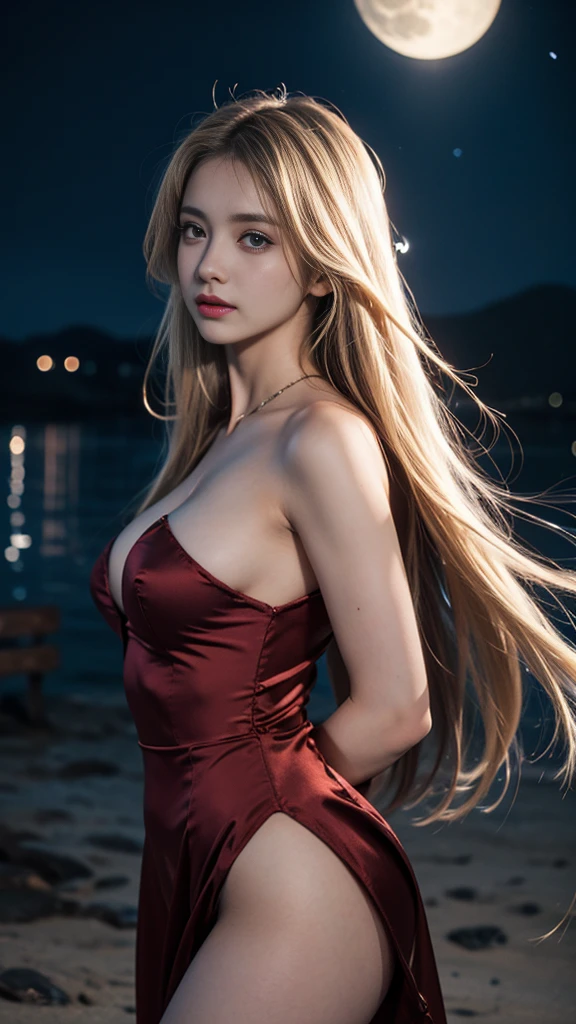 full hd 8k, Girl standing in front of a dark night scene, full moonlight reflecting on her beautiful face. Her long, silky hair was gently blown by the night wind, creating a gentle and romantic feeling. She is walking on a large beach. She looked up at the starry sky, as if searching for something, her eyes showing a pensive and lonely look. The full moon shines in the night sky creating a beautiful scene. The girl has long, strands of hair, Light blonde hair, a luxurious and noble beauty. The moonlight shines on the girl's delicate face, highlighting her large, round light brown eyes, creating a natural, gentle beauty. She wore a mini red dress to create a sexy beauty. These images capture detailed panoramic portraits and views of the sky and sea. All create a beautiful, wonderful picture that makes people unable to take their eyes off the scene. All of these details are depicted clearly and sharply,