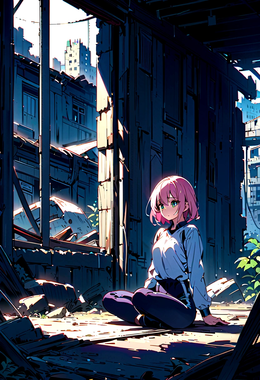 Inside the house、hide、ruins、Gymnastic sitting position、Pink Hair Woman、