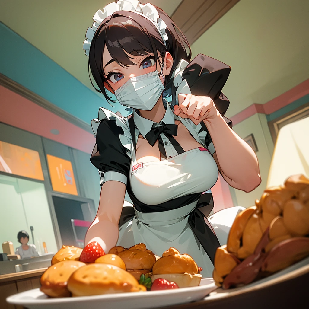 ((masterpiece,best quality)), 1girl, wearing mask, maid bikini, working, maid cafe, apron, indoors, serving food, counter, cheerful expression, cute, elegant, vibrant colors