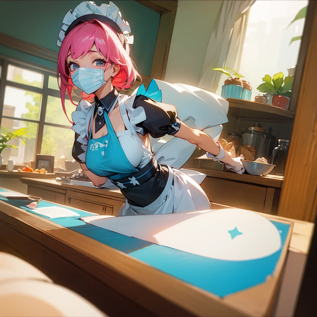 ((masterpiece,best quality)), 1girl, wearing mask, maid bikini, working, maid cafe, apron, indoors, serving food, counter, cheerful expression, cute, elegant, vibrant colors