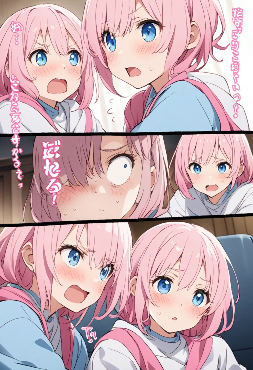 A scene from a movie、Upper Body、try as hard as one can、Blushing、Pink Hair Woman、blue eyes