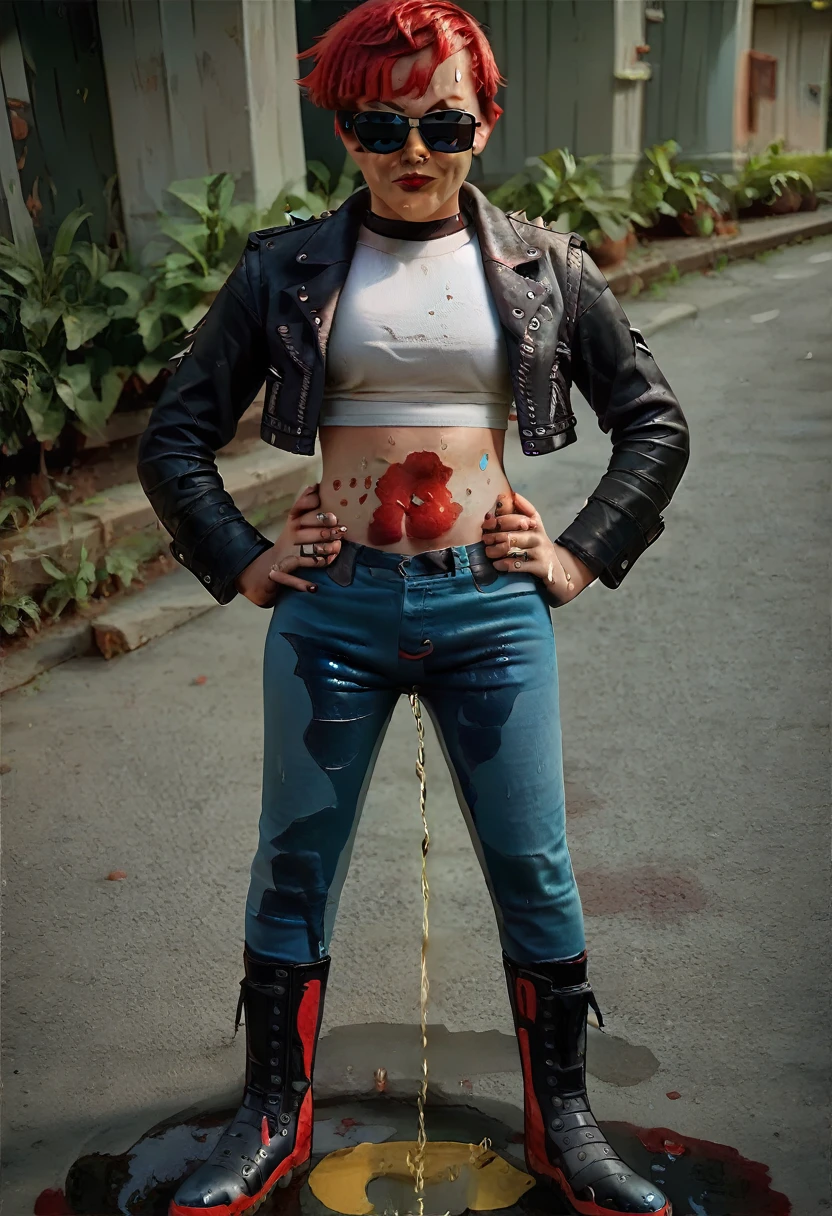 ,((1girl, solo)), pixie cut, red hair, assymetric bangs, short hair, sunglasses, red lipstick, hands on hips, standing, full body, black leather jacket, white crop top, blue jeans, black boots, ((wetting self, pee stains, yellow puddle, peeing self, wet spot on pants, multiple urine streams)), public street background, looking at viewer, front view