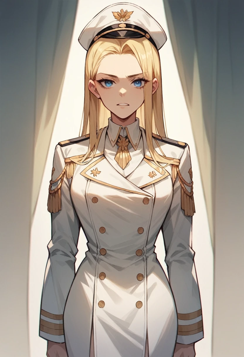 commander anime girl, white commander clothes, with white commander hat, white skirt, 18 years old, blonde hair, blue eyes, giving a speech in front of a podium, a normal microphone for her to speak in front of