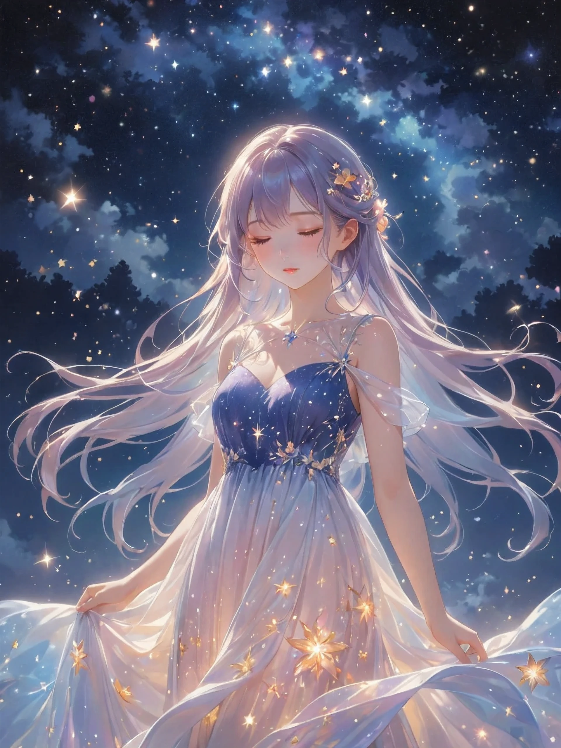 (best quality,4k,8k,highres,masterpiece:1.2),A girl standing alone under the starry night sky, with her silhouette illuminated by the soft moonlight and twinkling stars. Her face is beautifully detailed, with closed eyes, long and fluttering eyelashes, and exquisitely defined lips. She is dressed in an elegant gown, flowing and ethereal, embracing her figure gracefully as it glimmers with a subtle celestial glow. The intricate details of her dress catch the faint starlight, creating a mesmerizing sparkle. The surrounding landscape showcases a serene garden, lush with vibrant foliage and colorful flowers. The air is filled with a gentle breeze, causing the leaves to rustle and the flowers to sway delicately. The garden is bathed in a warm, dreamy color palette, with hues of deep blues, purples, and hints of silver. The atmosphere is calm and tranquil, evoking a sense of peace and serenity. The artwork is of the highest quality, meticulously created with ultra-detailed brushstrokes and precise attention to every element. The texture and depth of the painting are breathtaking, with a sense of realism and photorealism that captures the awe-inspiring beauty of the night sky. The lighting is soft and diffused, casting a gentle glow over the entire scene, enhancing the magical ambiance. The girl's presence radiates a sense of mystery and wonder, as if she holds a secret connected to the celestial beings above. The overall composition evokes a feeling of timelessness and captures the essence of a StarSign, an artwork that embodies the celestial beauty and inner strength of a girl in harmony with the stars. (ai-generated:.25),(dsmile:.25)