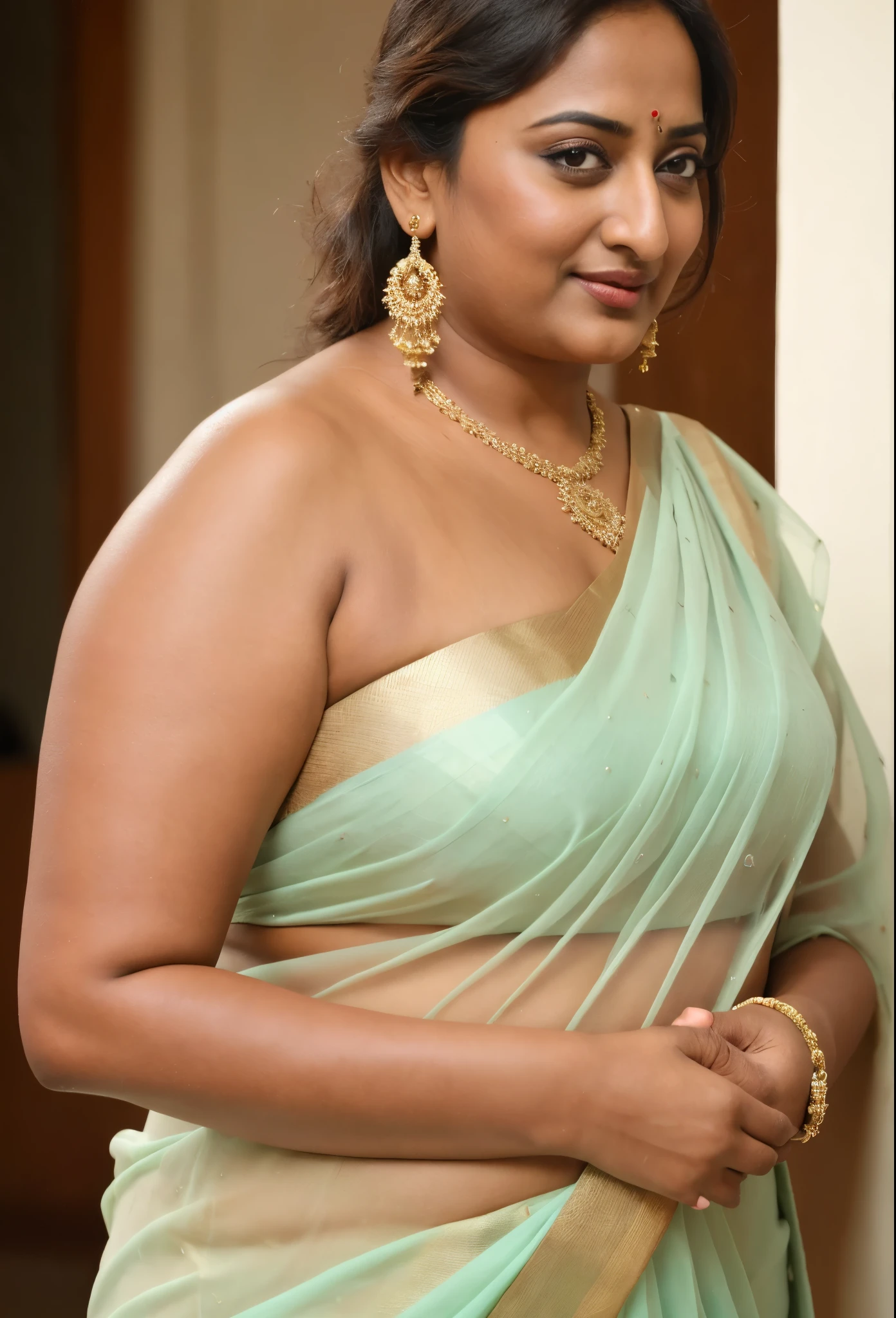 Foto RAW, photorealistic, photography, full body shot, 50 years old Woman, master shot, perfect eyes, goddess like beauty, pierced eyes, perfect thick chubby mallu Desi aunty bhabhi, Wearing a Stanapatta, a chest-band.Saree model, model Photography, Indian saree shoot, Indian traditional wear advertising photography, traditional wear brand shoot, face of Indian actress Sonakshi Sinha, masterpiece, realistic, realism, incredible details, pleasure, photorealism, detailed skin, skin pores, high contrast, photorealistic Artstation 8k HD digital art trend of high definition and detailed realistic skin texture, ultra detail, realistic skin texture, armature, best quality, ultra high definition, (photorealistic:1.4),, high resolution, detail, raw photo, sweat, Re sharp, by Lee Jefferies Nikon D850 Film Stock Photo 4 Kodak Portra 400 Camera F1.6 Lens Rich Color Ultra Real Realistic Realistic Textures Dramatic Lighting Unreal Engine Trending at Art Station Cinestill 800,(pele altamente detalhada: 1.2), 8k UHD, DSLR, soft-lighting, alta qualidade, grain of film, Fujifilm XT3,she didn't like to wear blouse or bra, she is happy to wear only saree, she hates blouse or bra, detailed hairy armpits, hyper realistic skin, skin pores, sweat, veins, short hairs on armpit, stubble armpits, hyper realistic hairy armpits, low waist saree,