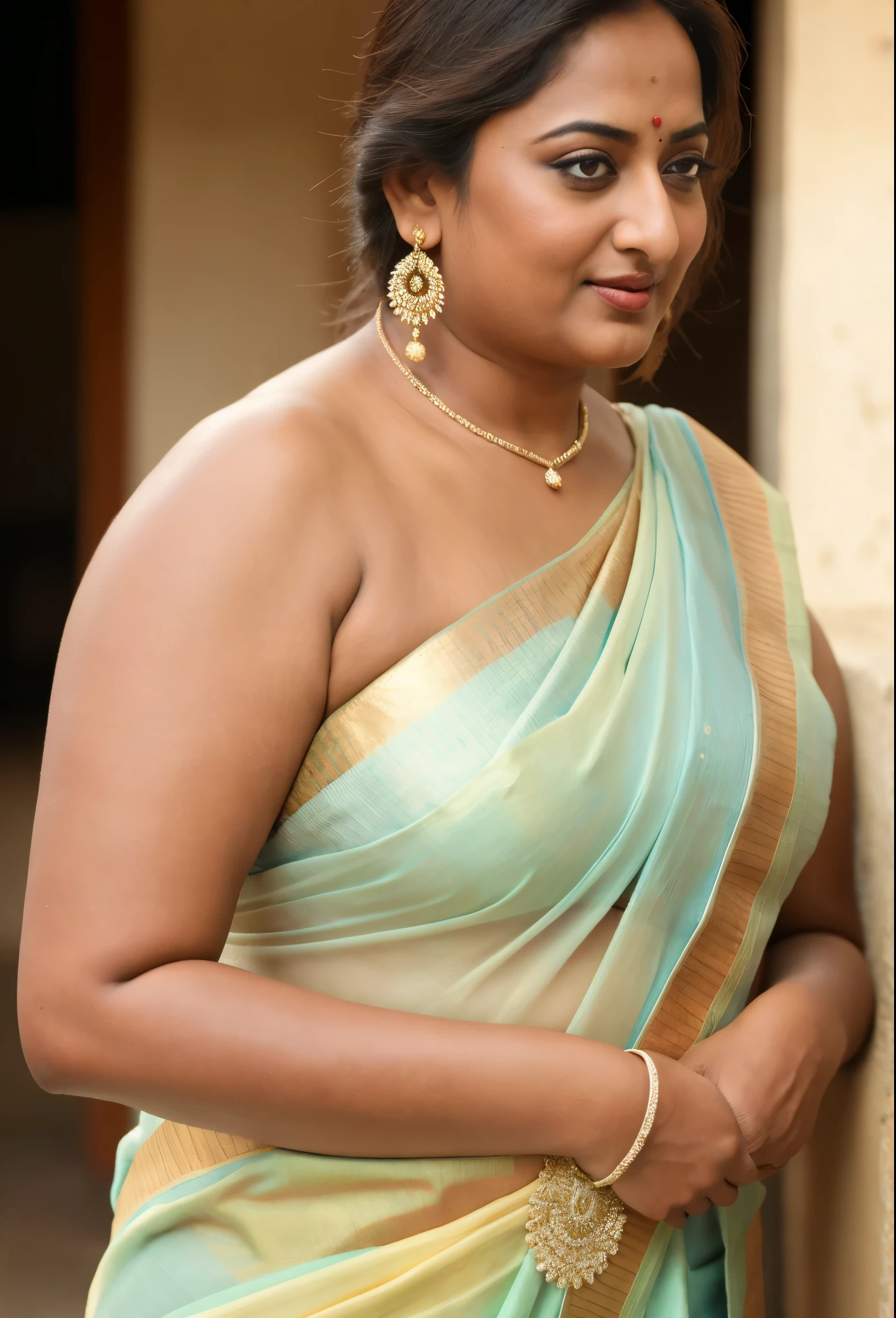 Foto RAW, photorealistic, photography, full body shot, 50 years old Woman, master shot, perfect eyes, goddess like beauty, pierced eyes, perfect thick chubby mallu Desi aunty bhabhi, Wearing a Stanapatta, a chest-band.Saree model, model Photography, Indian saree shoot, Indian traditional wear advertising photography, traditional wear brand shoot, face of Indian actress Sonakshi Sinha, masterpiece, realistic, realism, incredible details, pleasure, photorealism, detailed skin, skin pores, high contrast, photorealistic Artstation 8k HD digital art trend of high definition and detailed realistic skin texture, ultra detail, realistic skin texture, armature, best quality, ultra high definition, (photorealistic:1.4),, high resolution, detail, raw photo, sweat, Re sharp, by Lee Jefferies Nikon D850 Film Stock Photo 4 Kodak Portra 400 Camera F1.6 Lens Rich Color Ultra Real Realistic Realistic Textures Dramatic Lighting Unreal Engine Trending at Art Station Cinestill 800,(pele altamente detalhada: 1.2), 8k UHD, DSLR, soft-lighting, alta qualidade, grain of film, Fujifilm XT3,she didn't like to wear blouse or bra, she is happy to wear only saree, she hates blouse or bra, detailed hairy armpits, hyper realistic skin, skin pores, sweat, veins, short hairs on armpit, stubble armpits, hyper realistic hairy armpits, low waist saree,