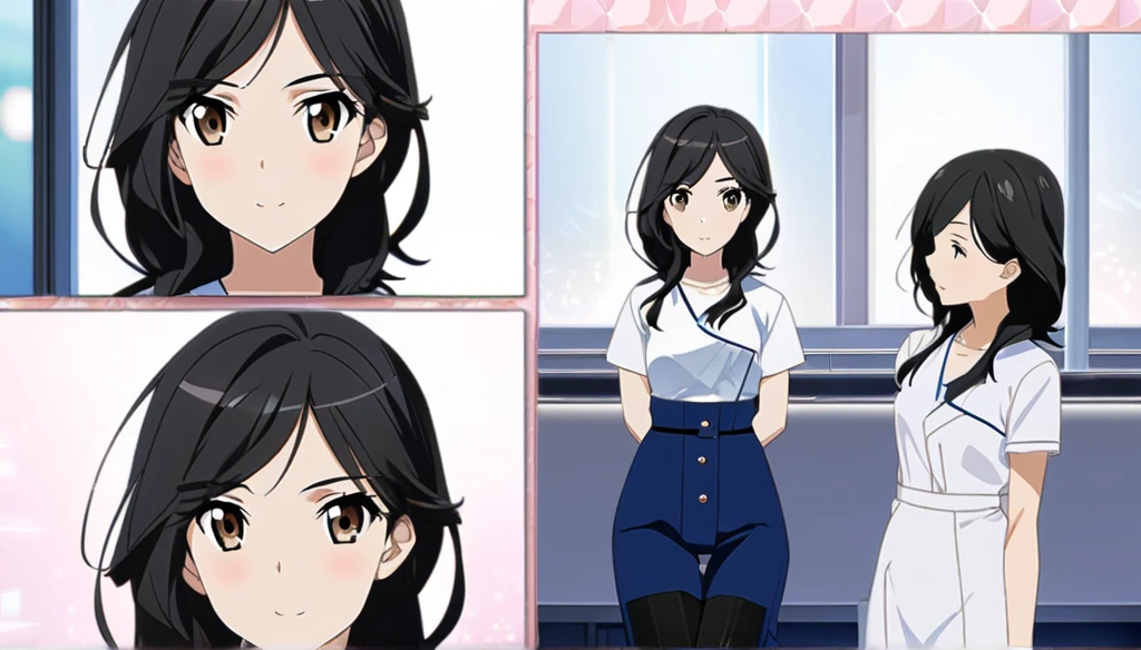 (Anime Infinite Stratus Art, 8k, ultra full high definition, epic quality, epic texture). The theme is hospital hygiene.  The setting is a hospital room, very detailed.  There is a woman, Brazilian, her name is Regina, she is 51 years old, very short(tall:150cm), she has very long black hair, she has a beautiful face, some expression lines due to her age, light brown eyes, white skin, very thin, narrow chest, small breasts, very thin waist, narrow hips, small and round butt, slender legs, she works with hygiene, wears a very tight navy blue jumpsuit with short sleeves, she is wearing black hygiene boots, she is sensual and cheerful, she leaves men enchanted.  the atmosphere is calm and sensual.